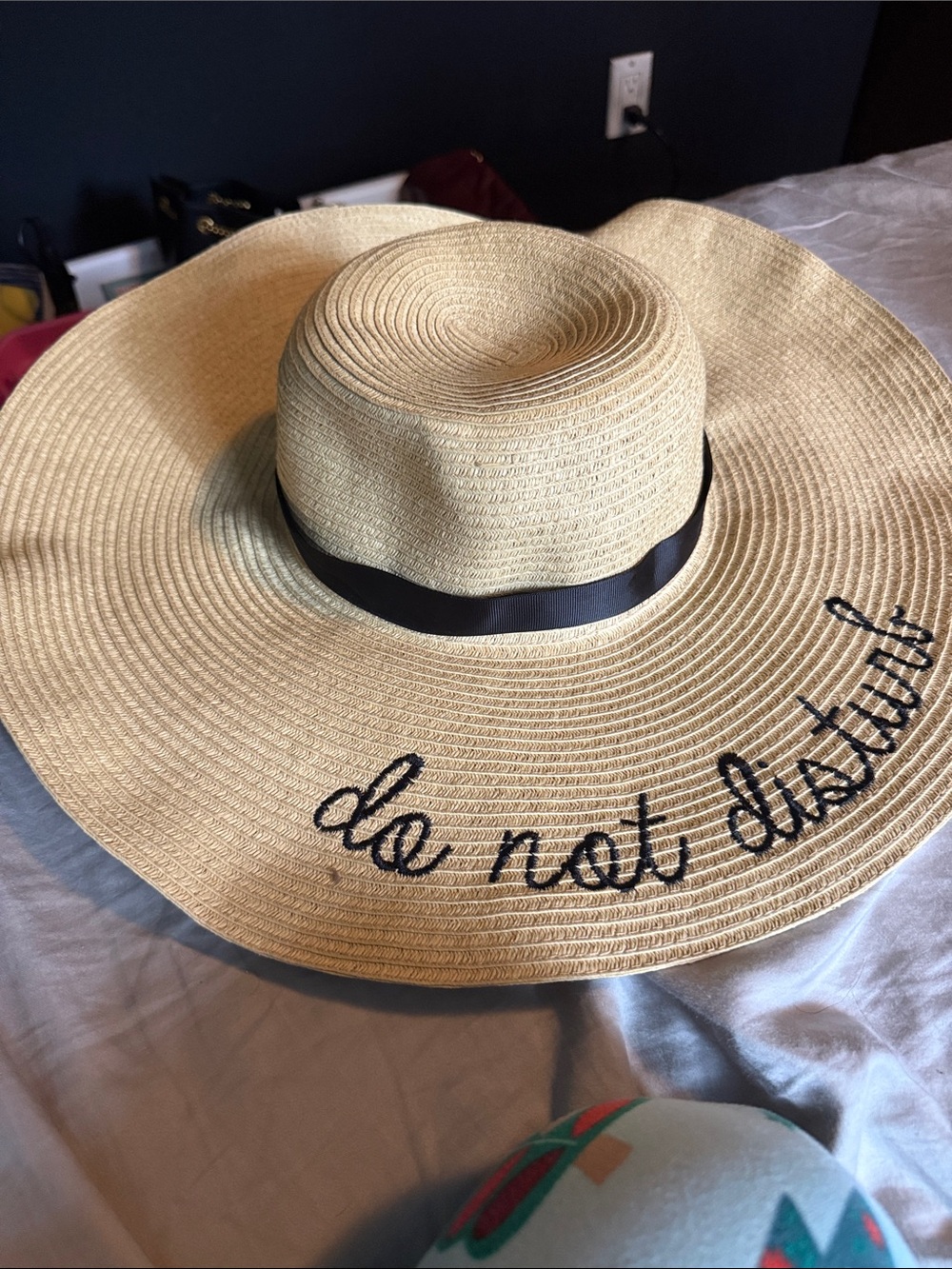 Wide Brim Straw Sun Hat with Black Ribbon - "Do Not Disturb"